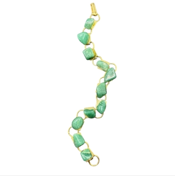 Vtg Japan Gold tone Green Aventurine Chip SemiPrecious Gemstone Link Bracelet - Picture 2 of 7